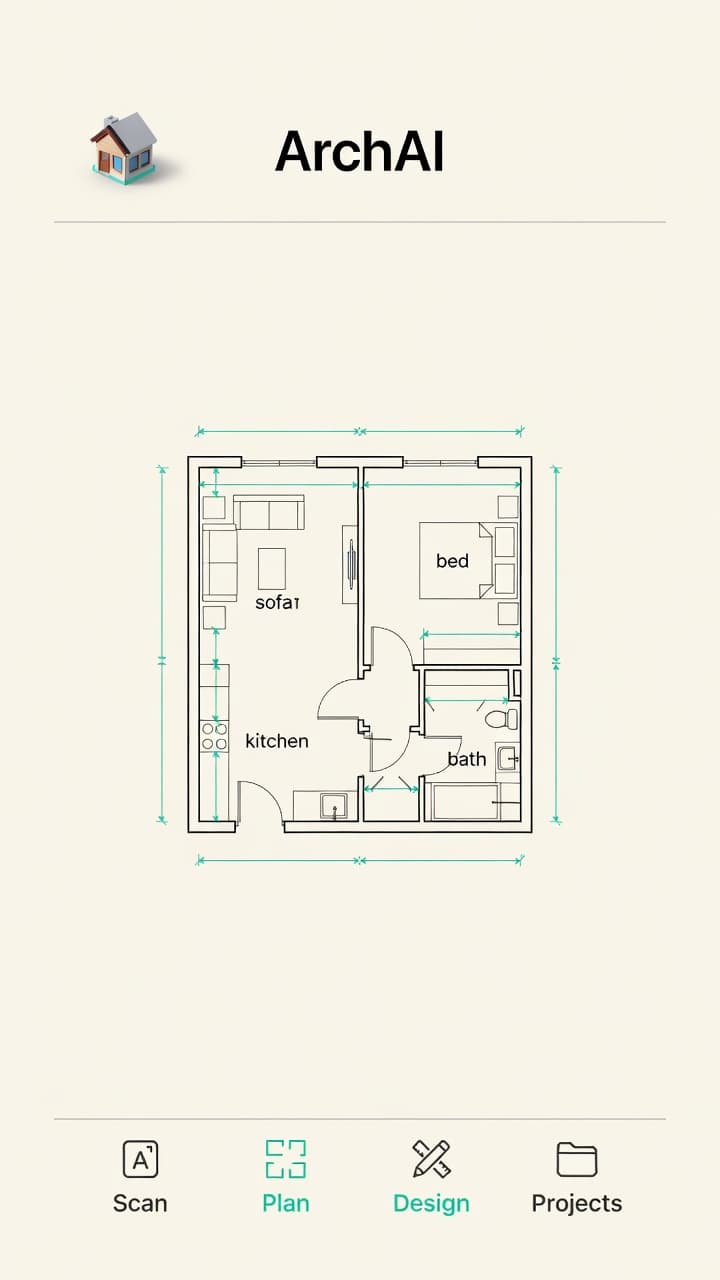 ArchAI AI Home Planner 3D app preview showing a measured floor plan on iPhone