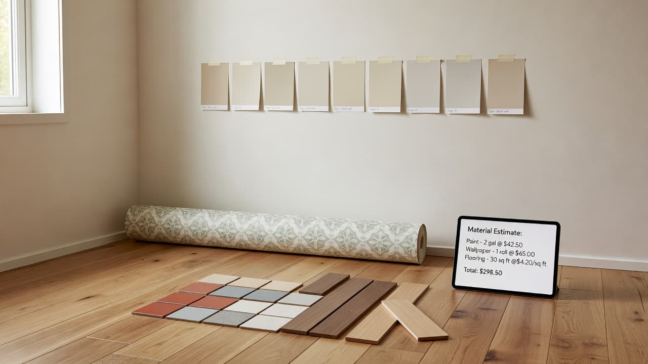 Home renovation planner with paint, flooring, and wallpaper samples