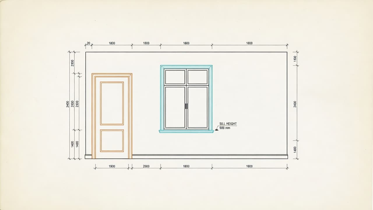 Wall elevation drawing with door, window, and measurements from the room measurement app